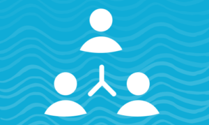 Three white people icons connected in a network on blue background