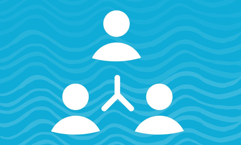 Three white people icons connected in a network on blue background