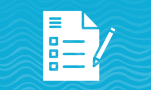 White document with checklist and pen icon on blue background