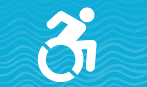 White universal accessibility symbol on blue background