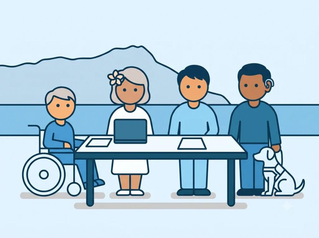Four council members of varied abilities seated around a table, including a man using a wheelchair and a man with a hearing aid, with papers and a laptop in front of them.