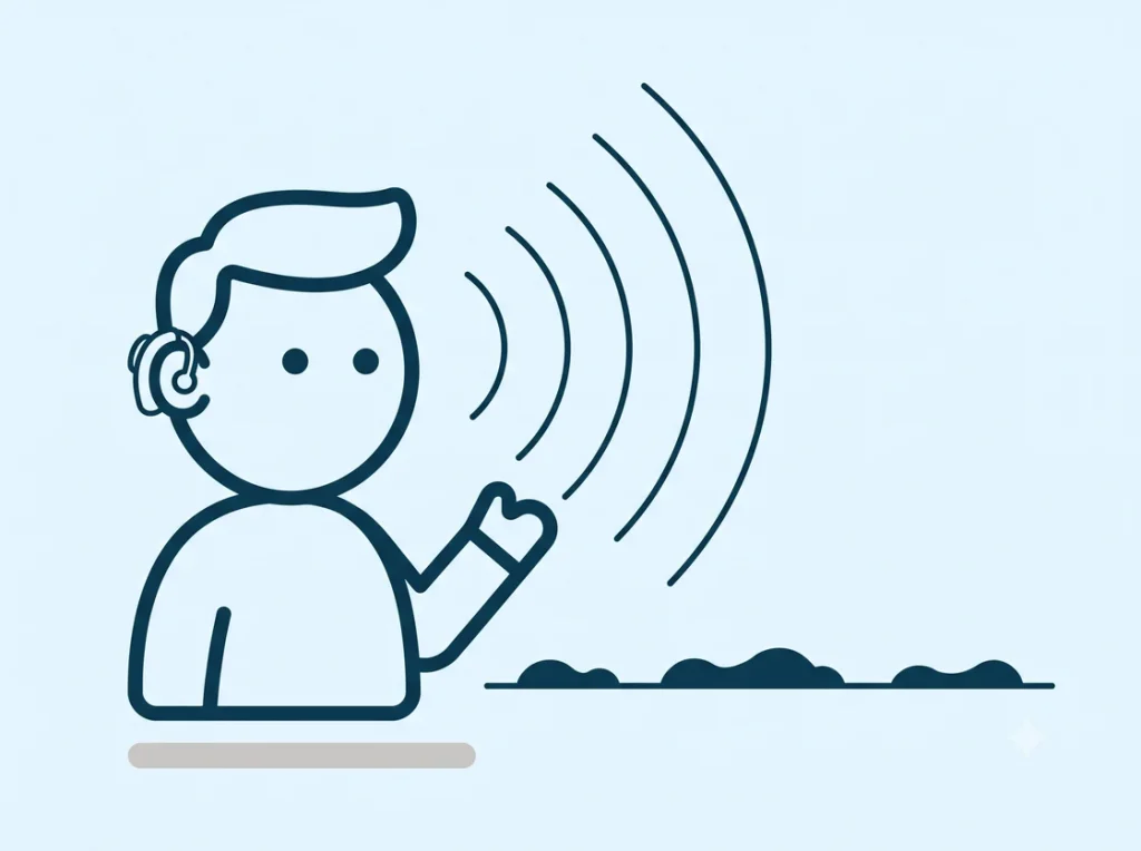A person wearing a hearing aid with one hand raised, speaking, with sound waves radiating outward.