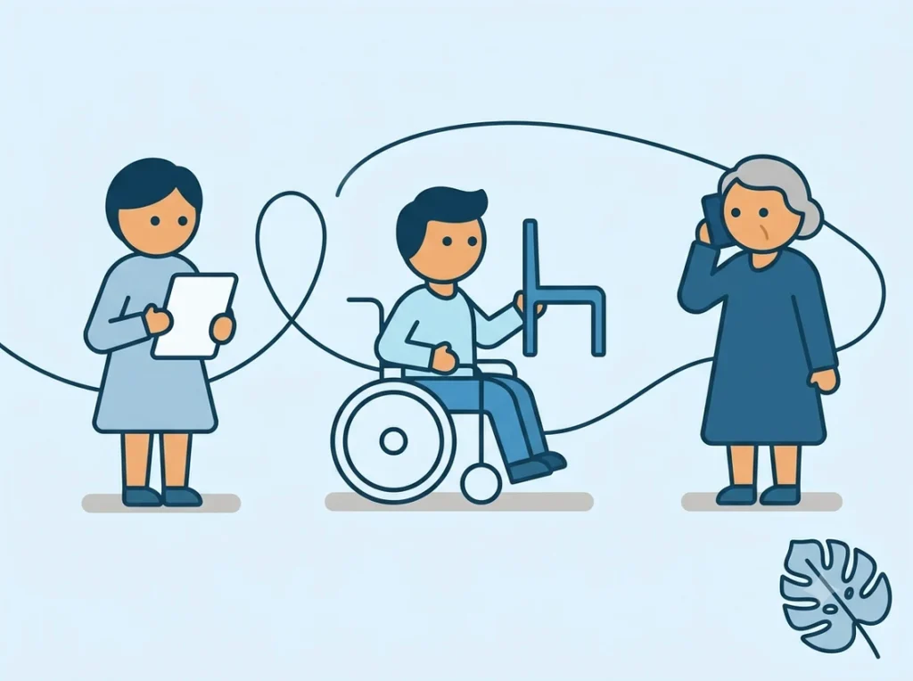 Three people of varied abilities, each doing something different: a woman holding a tablet, a man in a wheelchair, and an elder woman talking on the phone.