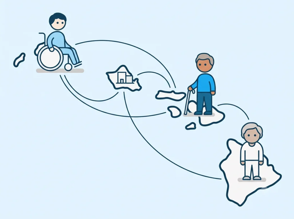 People of varied abilities standing on separate Hawaiian islands, connected to each other by curved lines across the water.