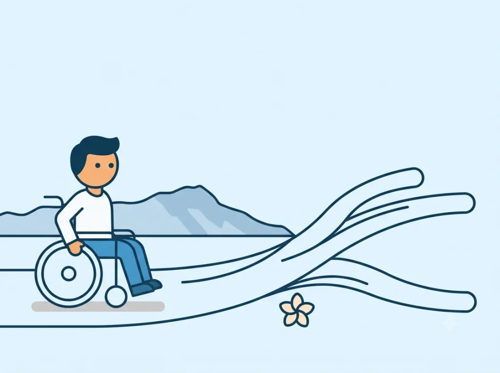 A man using a manual wheelchair moving forward, with open paths curving away ahead of him across a simple Hawaii landscape.
