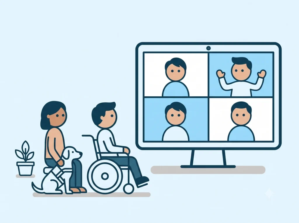 A woman with a guide dog and a man using a wheelchair attending a meeting in person, beside a monitor showing four remote participants, one of them signing.
