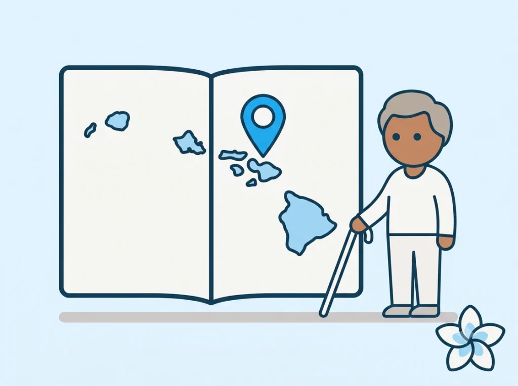 An open directory showing a map of the Hawaiian islands with a location pin over one, and an elder man with a cane standing beside it.